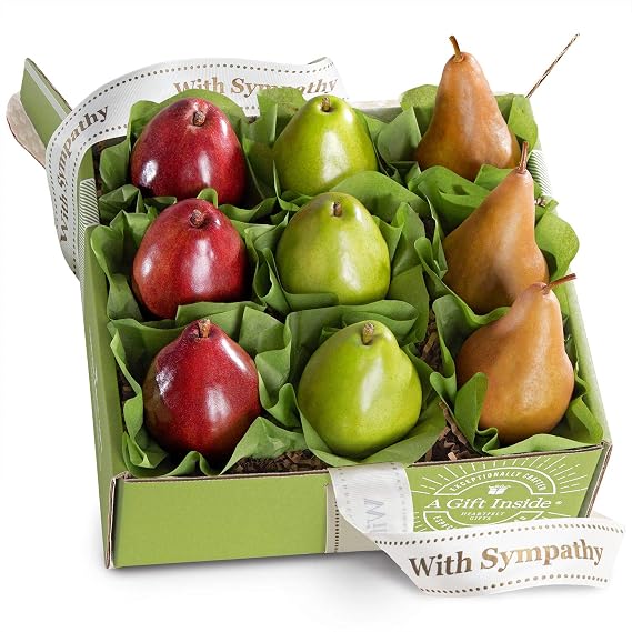 A Gift Inside Sympathy Pear Gift, 9 Fresh Gourmet Pears Including Comice, Bosc and Red Pears, Thoughtful Fruit Gift in Signature Gift Box with Sympathy Ribbon