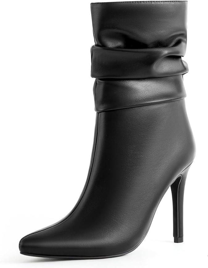 Mid Calf Boots for Women Stiletto High Heel Slouch Boot Pointed Toe Side Zipper Sexy Fashion Ankle Booties Waterproof Fall Winter Dressy Shoes for Work, Party and prom