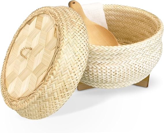 Handmade 100% Natural Thai Bamboo Sticky Rice Electric Cooker Steamer Set, Small Pot Insert ~ 6.5 Inch, Hewn Reed Wicker Woven Lid, 16 Cheesecloth Filter, and Wooden Spoon