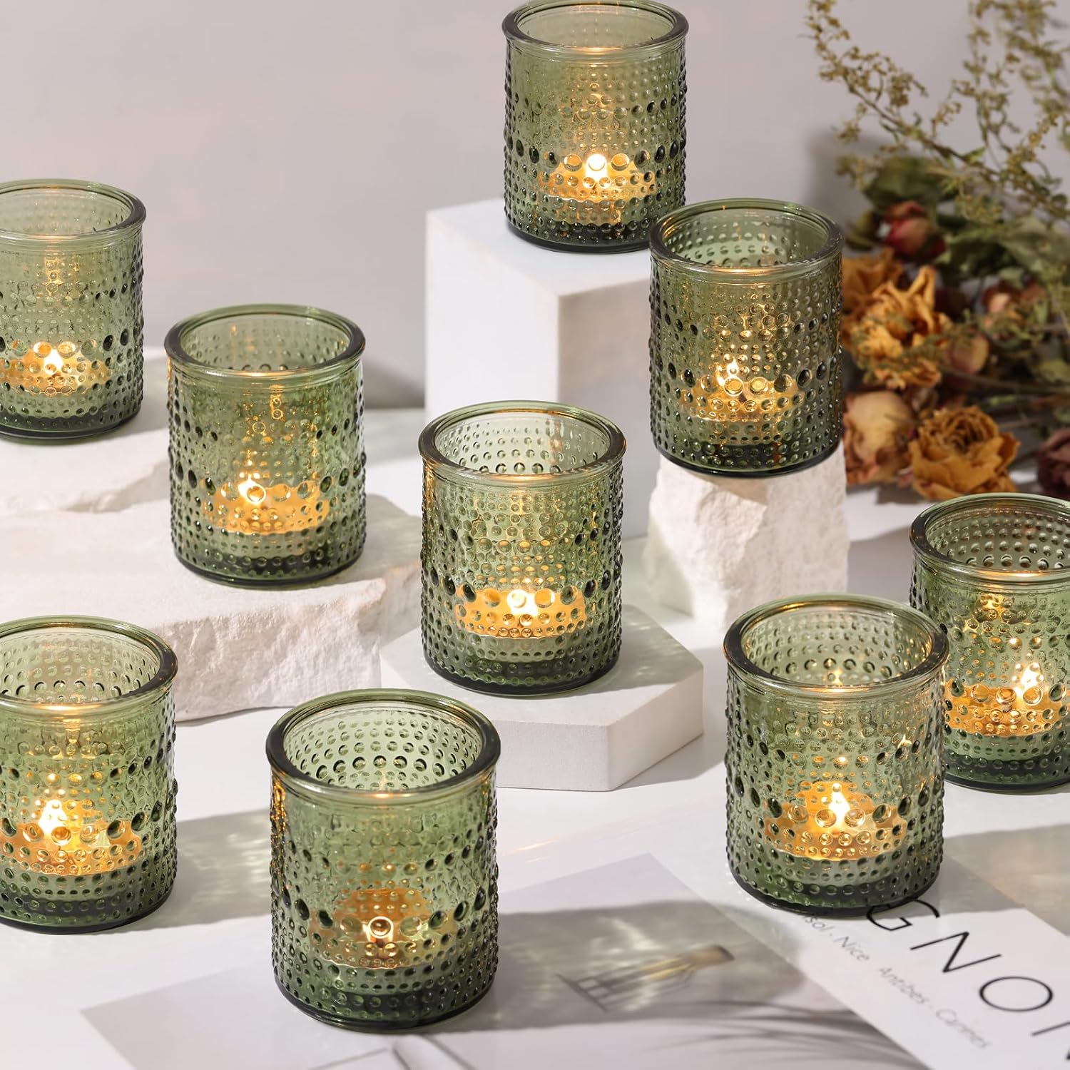 15Pcs Glass Votive Candle Holders, Green Tea Light Candle Holder Vintage Tealight Candle Holder Bulk for Wedding Christmas Party Table Decor Green