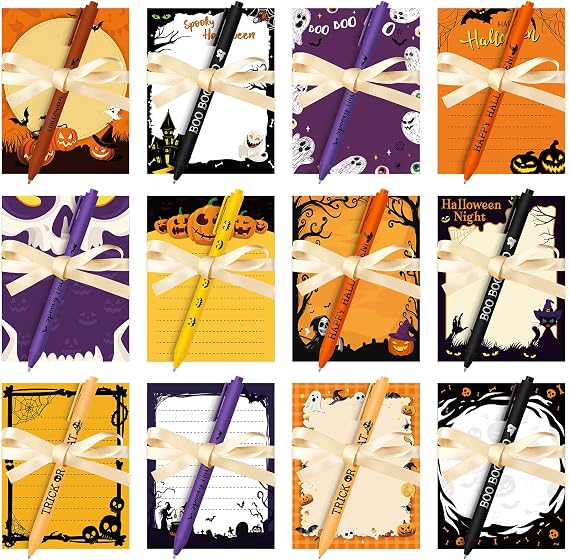 Yeaqee 36 Pcs Halloween Sticky Notes Set Include 12 Pumpkin Bat Ghost Note Pads with 12 Pen and 12 Ribbon Halloween Self-Adhesive Memo Pads for Holiday School Office Home Supplies