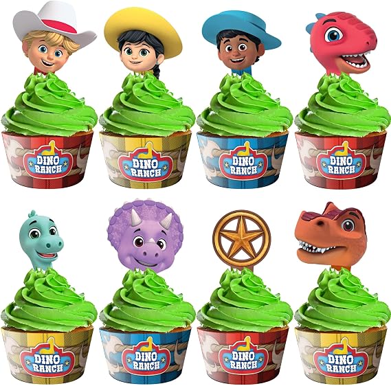 Treasures Gifted Dino Cupcake Toppers & Wrappers 24ct - Dino Ranch Dessert Toppers & Cupcake Kit - Birthday Party Supplies - Birthday Decorations