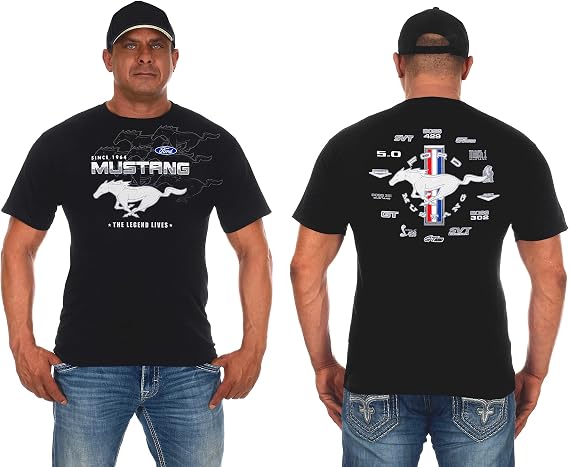 JH Design Men's Ford Mustang Collage Short Sleeve Crew Neck T-Shirt in 4 Colors