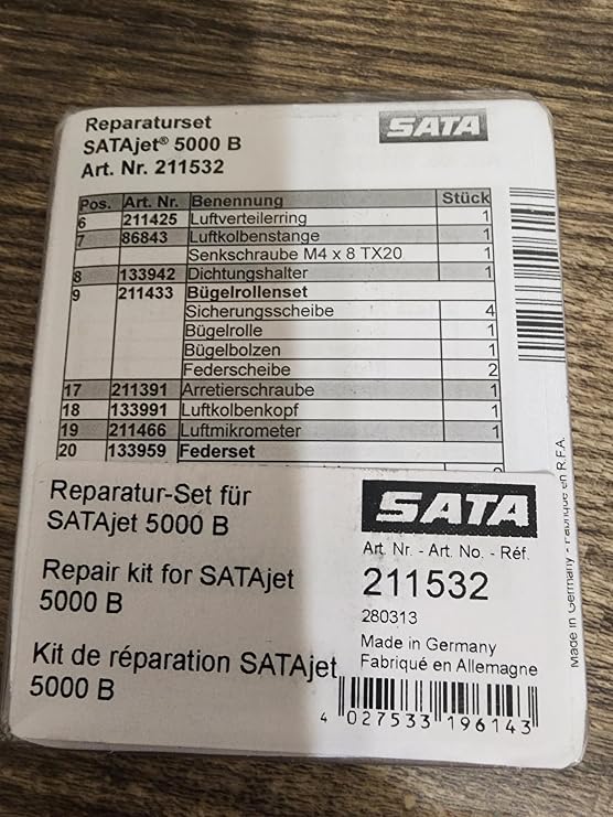 211532 Repair Kit Use with: SATAjet 5000 B Spray Gun