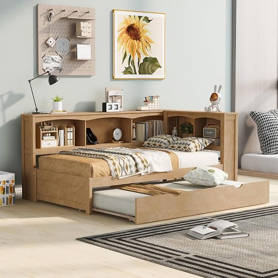 Harper & Bright Designs Wood Twin Size Daybed with Trundle, Storage Bookcases, and USB Ports, Twin Platform Bed with Headboard, Twin Size Sofa Bed Frame for Bedroom Living Room (Wood Color)