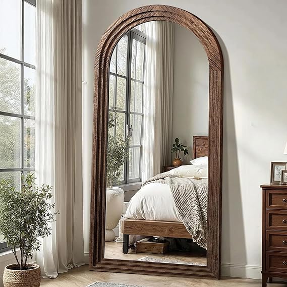 Delma Arched Full Length Mirror with Stand, 75x35 Brown Wood Floor Mirror