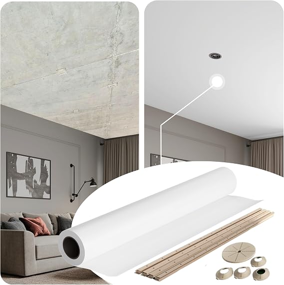 Ceiling Decor Film - White PVC Stretch Ceiling - Room Covering Kit, DIY Installation for Modern over Design Film Size to 16'5'' *16'5''