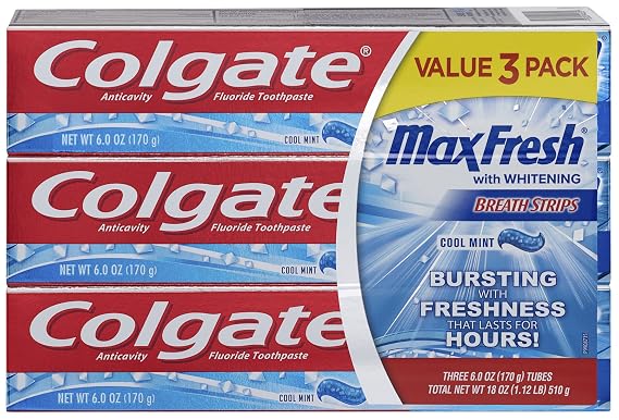 Colgate Max Fresh Toothpaste with Mini Breath Strips, Cool Mint - 6.0 Ounce (3 Pack)