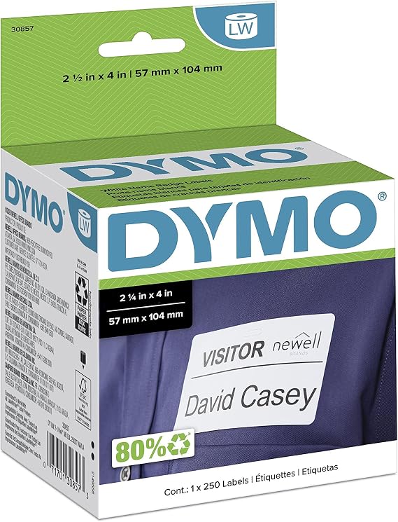 DYMO Authentic LW Name Badge Labels, For LabelWriter Printers, White, 2-1/4" x 4", 1 Roll of 250
