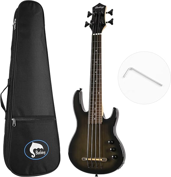 Batking Ukulele bass fretless 4 String Ukelele, Electric Uku bass with Gig bag (Black)