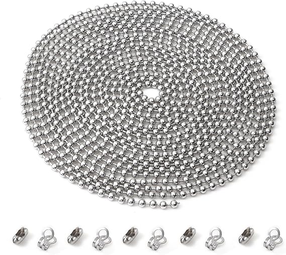 Tangyinrd 120 Inch Ceiling Fan Pull Chain, Beaded Pull Chains Extension, Light Chain Pulls Extenders Great Pulling Force Stainless Steel with 10 Matching Connectors 2 Styles (3mm, Silver)