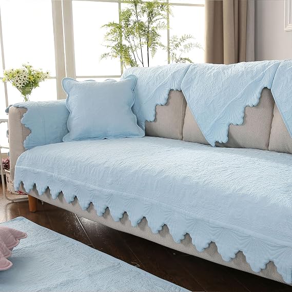 Cotton Embroidery Couch Sofa Cover Leaf and Floral Pattern Nonslip Quilted Furniture Protector Slipcover for Dogs, Children, Pets Sofa Slipcover Machine Washable (Blue,28"x35")