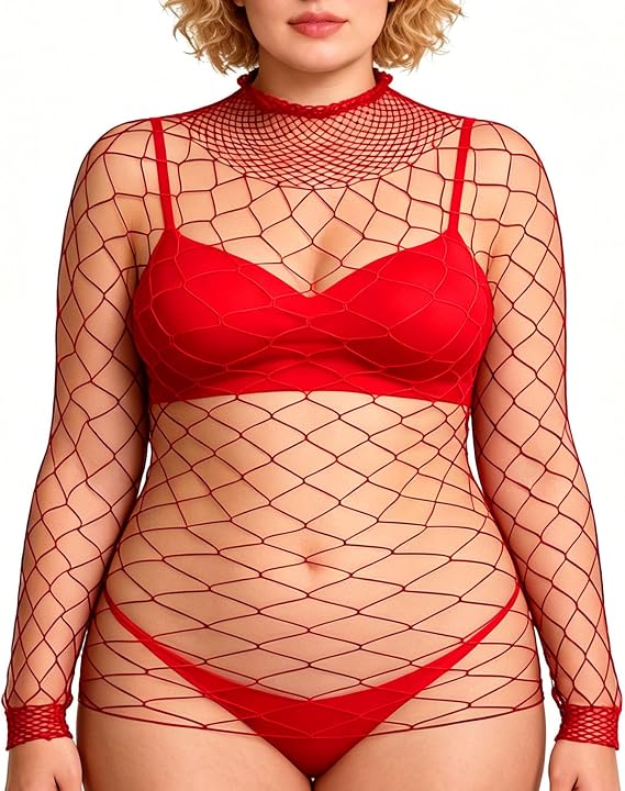 Plus Size Sexy Fishnet Mesh Tops for Curvy Women, Long Sleeve Oversized Stretch Net Bodycon Blouse Shirts