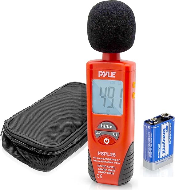 PYLE PSPL25 Digital Handheld Sound Level Meter with A & C Frequency Weighting for Musicians, Red/Black
