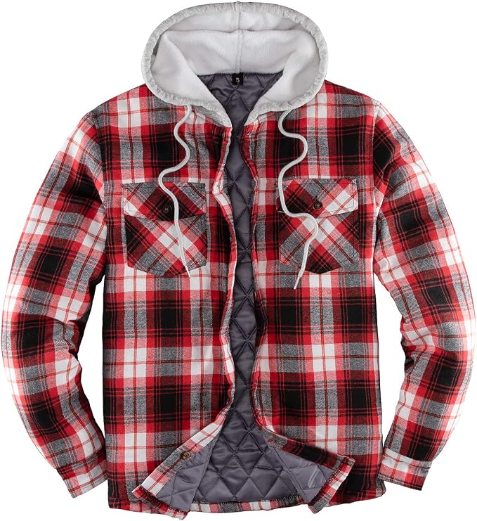 ZENTHACE Men's Quilted Lined Button Down Plaid Flannel Shirt Jacket with Hood
