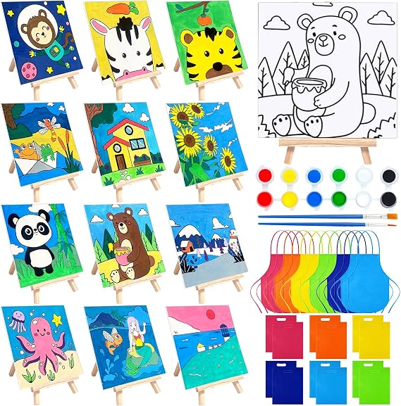 48PCS 12 Sets Printed Canvas Paint Art 12 Pcs Wooden Easel Set Paint Pots and Brushes and 12 Pre Drawn Canvas Panel 12 Pcs Mini Apron and Tote Bag for Kids(Cute)
