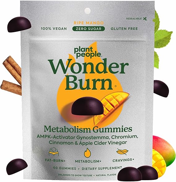 Plant People WonderBurn Metabolism Gummies, Ripe Mango Flavor (60 Count) | Zero Sugar - For Craving Control & Metabolism Support