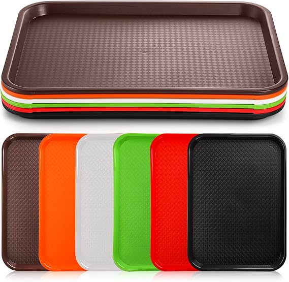 6 Pack Plastic Fast Food Trays, 16x12 Inches Restaurant Serving Trays Set for Coffee Table, Kitchen, Party, 6 Colors