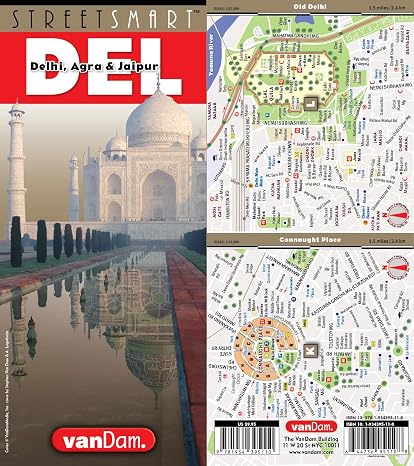 StreetSmart Delhi & Golden Triangle Map by VanDam Laminated pocket size City and Region map to Delhi and the Golden Triangle with details of Jaipur, Agra and Rajasthan showing all attractions, sights, temples, mosques, National parks, museums & hotels