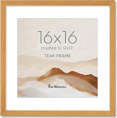 Fun Memories 16x16 Picture Frame, USA-Sourced Teak Wood Photo Frames with HD Tempered Glass, 16x16 Square Frames Matted to 12x12, 16 by 16 Wooden Frame