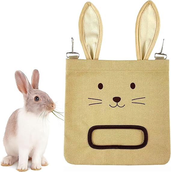 Rabbit Hay Feeder Bag - Hanging Rabbit Hay Feeder for Rabbits, Guinea Pigs and Chinchillas, Moss and Alfalfa Hay (Khaki)