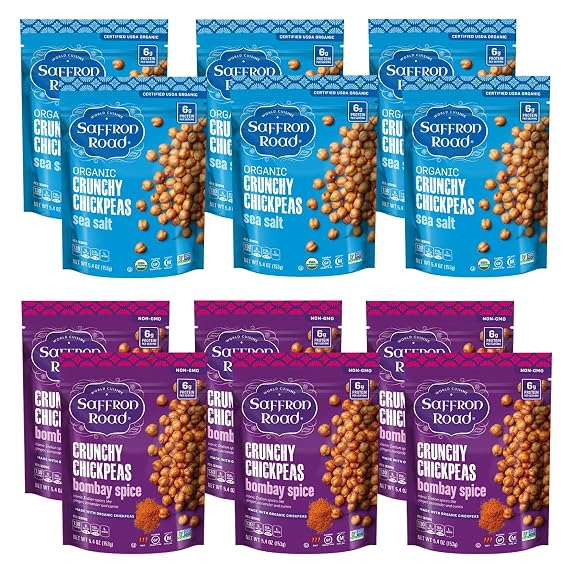 Saffron Road Roasted and Crunchy Chickpeas | Crunchy Sea Salt and Bombay Spice | Certified Organic, Gluten-free, Vegan, Non-GMO, and Certified Halal and Kosher | 5.4oz Pouch | Pack of 12