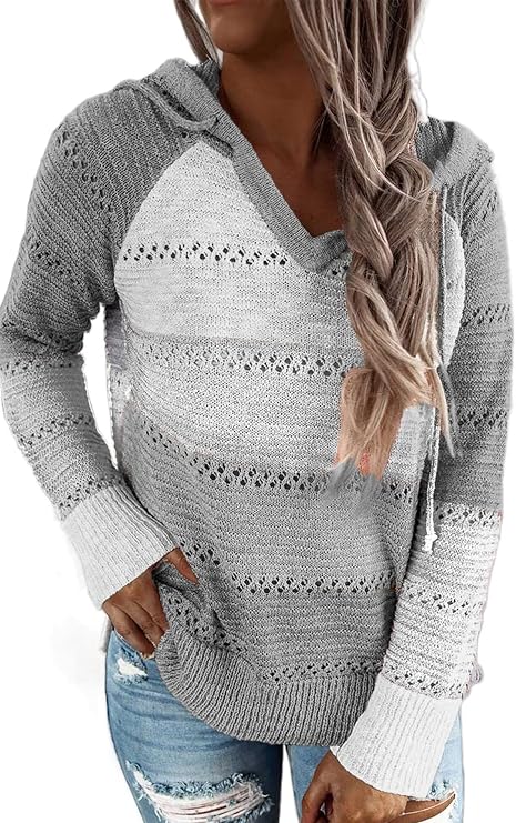 BLENCOT Women Fashion Clothing Striped Crochet Fall Sweater Hoodie Casual | Long Sleeve Colorblock Tops,Drawstring Lightweight Knit Pullover Loose Sweatshirts Beach Vacation Cover ups,Winter Clothes