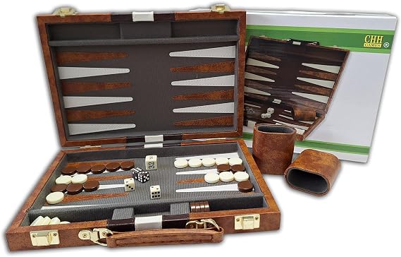 CHH 18-Inch Brown & White Vinyl Backgammon Set with Velour Interior, Sewn Points, Dice Cups and Doubling Cube.