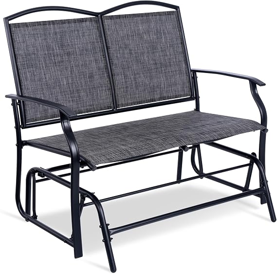 Backyard Expressions 2-Person Outdoor Glider Bench, Patio Double Swing Rocking Chair Loveseat w/Powder Coated Steel Frame for Backyard Garden Porch, Black Frame - Heathered Grey Sling Fabric