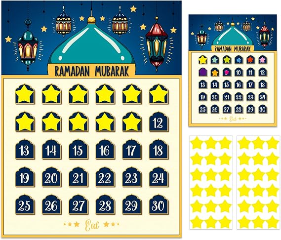 FLYAB Ramadan Calendar 2025 Eid Mubarak Countdown for Kids 30 Days Advent Poster Decorations Home Wall with 36 Star Stickers and 1PCS Small Card