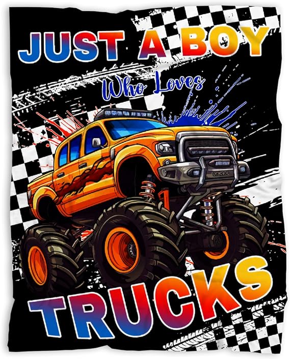 Trucks Blanket, Just A Boy Who Loves Trucks Gifts for Kids, Car Themed Flannel Blankets, Soft Cozy Lightweight Throws Gifts for Truck Lovers & Boys 60x50 Inch for Teen