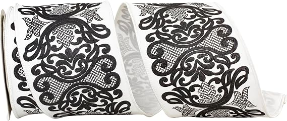 Reliant Ribbon 93861W-982-10F Regal Filigree Printed Dupioni Wired Edge Ribbon, 4 Inch X 10 Yards, White/Black