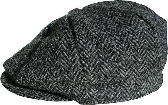 Harris Tweed Bakerboy Cap in Black, Size: Large (58cm)