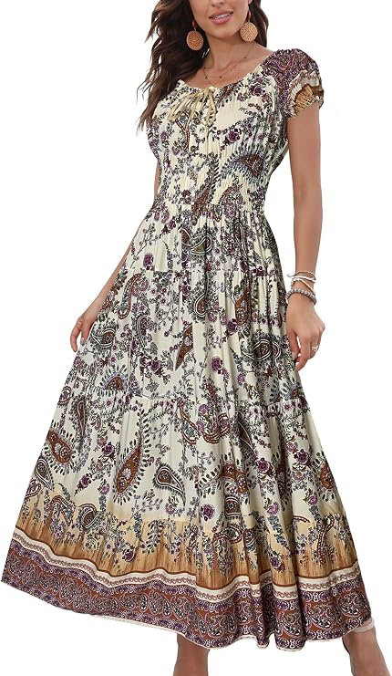 OSTOO Women's 2026 Maxi Dress Short Sleeves Boho Floral Print Tiered Casual Flowy Summer Long Dress