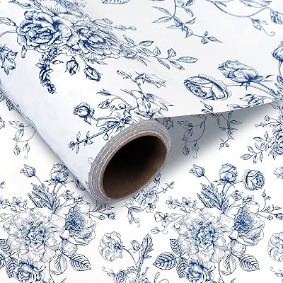 Welpurch 1 Roll Blue Floral Wrapping Paper - Mini Roll - 17in x 32.8Ft Blue White Flowers Pattern Gift Wrap Paper for Mothers Day Birthday Wedding Baby Shower Party Wrapping Supplies