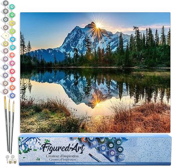 Figured'Art Paint by Numbers for Adults Lake and Mountain Reflection 16"x20" - Craft Art Painting DIY Kit Rolled Canvas Without Frame