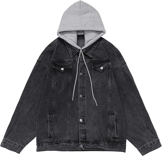 Hoodie Jean Jacket for Men Loose Casual Button Down Denim Jacket Distressed Cargo Trucker Hooded Jackets
