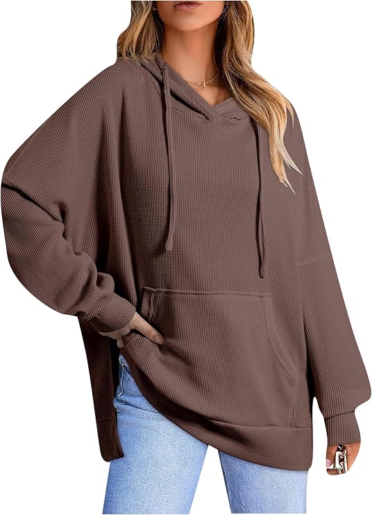Womens Fall Oversized Sweatshirts Long Sleeve Drawstring Hoodies Waffle Knit Side Slit Tunic Tops with Pocket