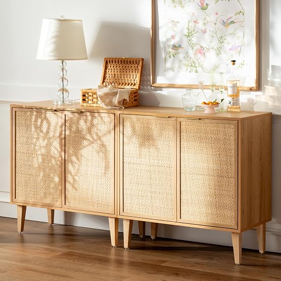 EYYTHUNG Accent Storage Cabinet Set of 2 Sideboard with Rattan Doors, Boho Buffet Kitchen Bar Cabinet Farmhouse Credenza Cabinet with Adjustable Shelves for Living Room, Natural Oak