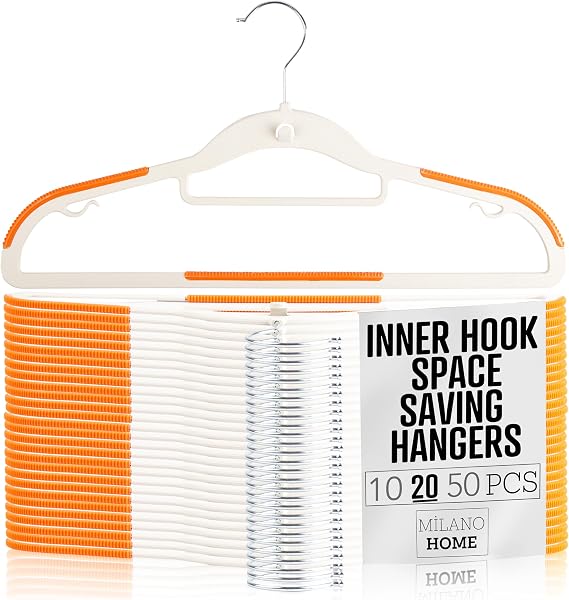 Lightweight White Plastic Hangers 20 Pack with Cascading Hook, Space Saving Thin, Closet Organizer, Orange Anti-Slip Pads, 360 Swivel, Tie Holder