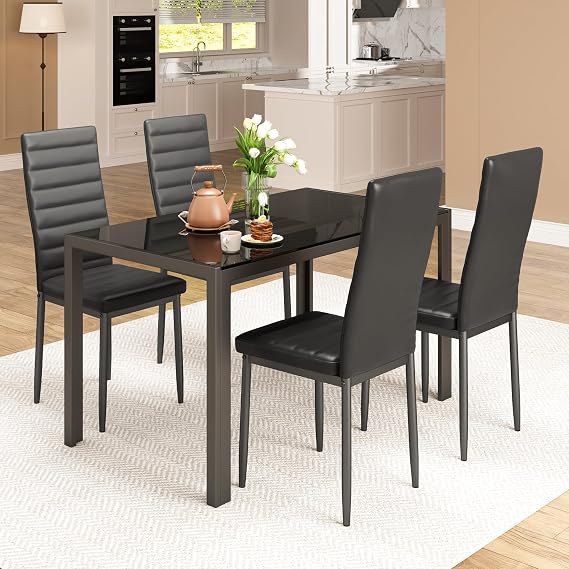 Bealife Kitchen Dining Table Set for 4, Tempered Glass 5 Piece - Black