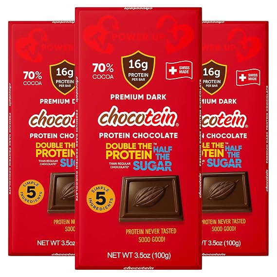 Chocotein Protein Chocolate Bar | 70% Dark Premium Swiss Chocolate | 16g Protein | Low Sugar | 5 Simple Ingredients | Made in Switzerland | 3.5 oz (100g), Pack of 3 Bars