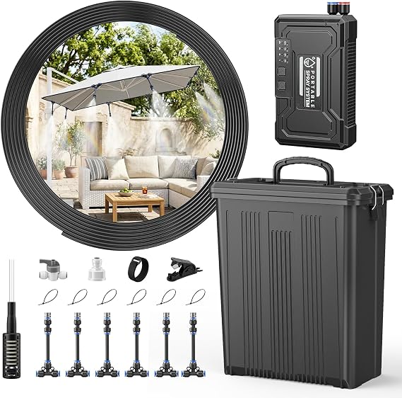 Portable 4 Gallon Misting System with 15000mAh Rechargeable Pump, 33FT Hose Powerful Outdoor Water Bucket Misters for Outside Patio Cooling, Backyard, Canopy, Camping, Umbrella, Sports, Greenhouse
