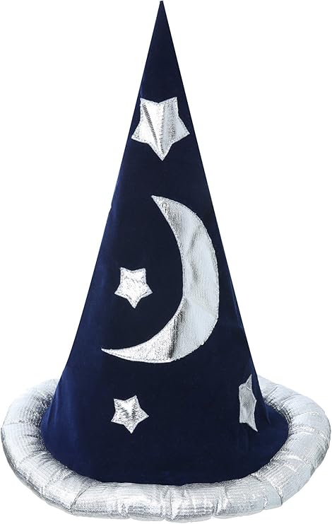 Adult Wizard Costume Hat - Velour Cone-Shaped Hat with Silver Moon and Star Appliques, One Size Fits Most