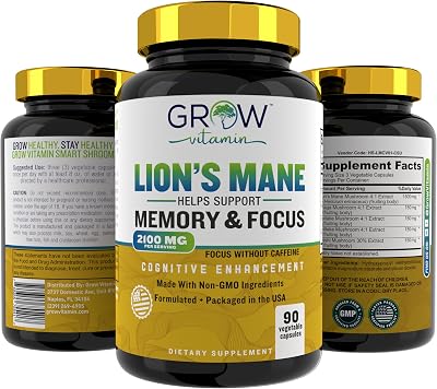 grow vitamin 2100mg Organic Lions Mane Supplement Capsules - Focus, Mental Clarity & Cognition - Nootropic Lions Mane Mushroom Supplement with Organic Lions Mane, 90 Capsules