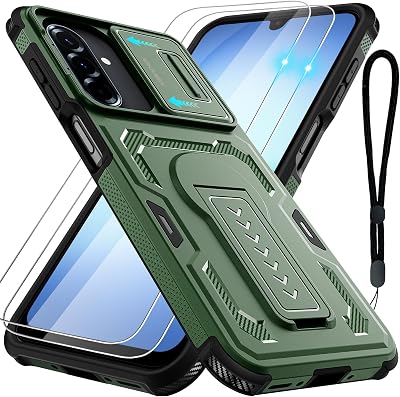 for Samsung Galaxy A16 A17 A26 Case with 2 Pack Screen Protector, Slide Camera Lens Cover, Kickstand & Lanyard Strap, Dual Layer Shockproof Non-Slip Matte Case, Green