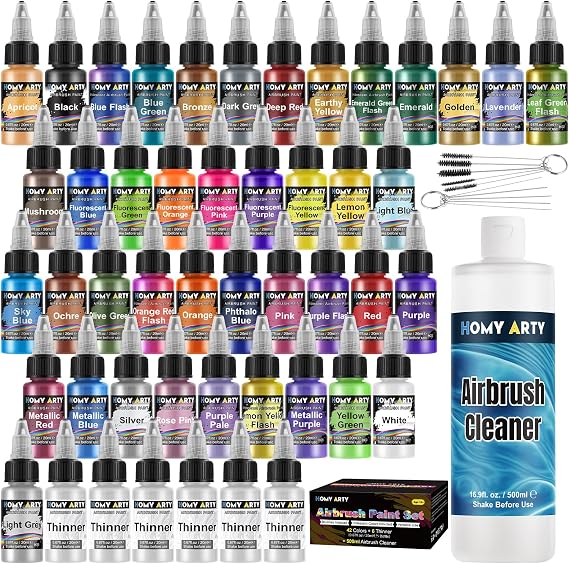 HOMY ARTY Airbrush Paint - 42 Colors with 6 Thinner & 16.9 fl oz Cleaner