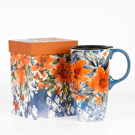 Topadorn 17oz Ceramic Coffee Mug with Lid & Gift Box, Watercolor Orange Floral Geometric Porcelain Tea Cup, Microwave Dishwasher & Oven Safe for Home Office Use
