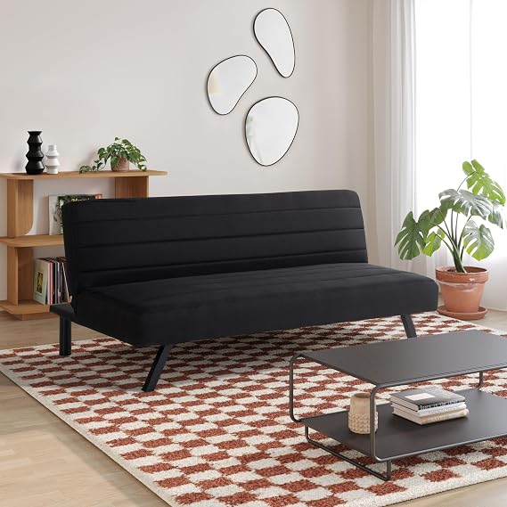 Serta Damien 66.1 Convertible Futon Sofa, SofaLoungerBed Design, Dreamcoil Comfort, FingerGuard Safety, Woven Polyester Fabric, Black