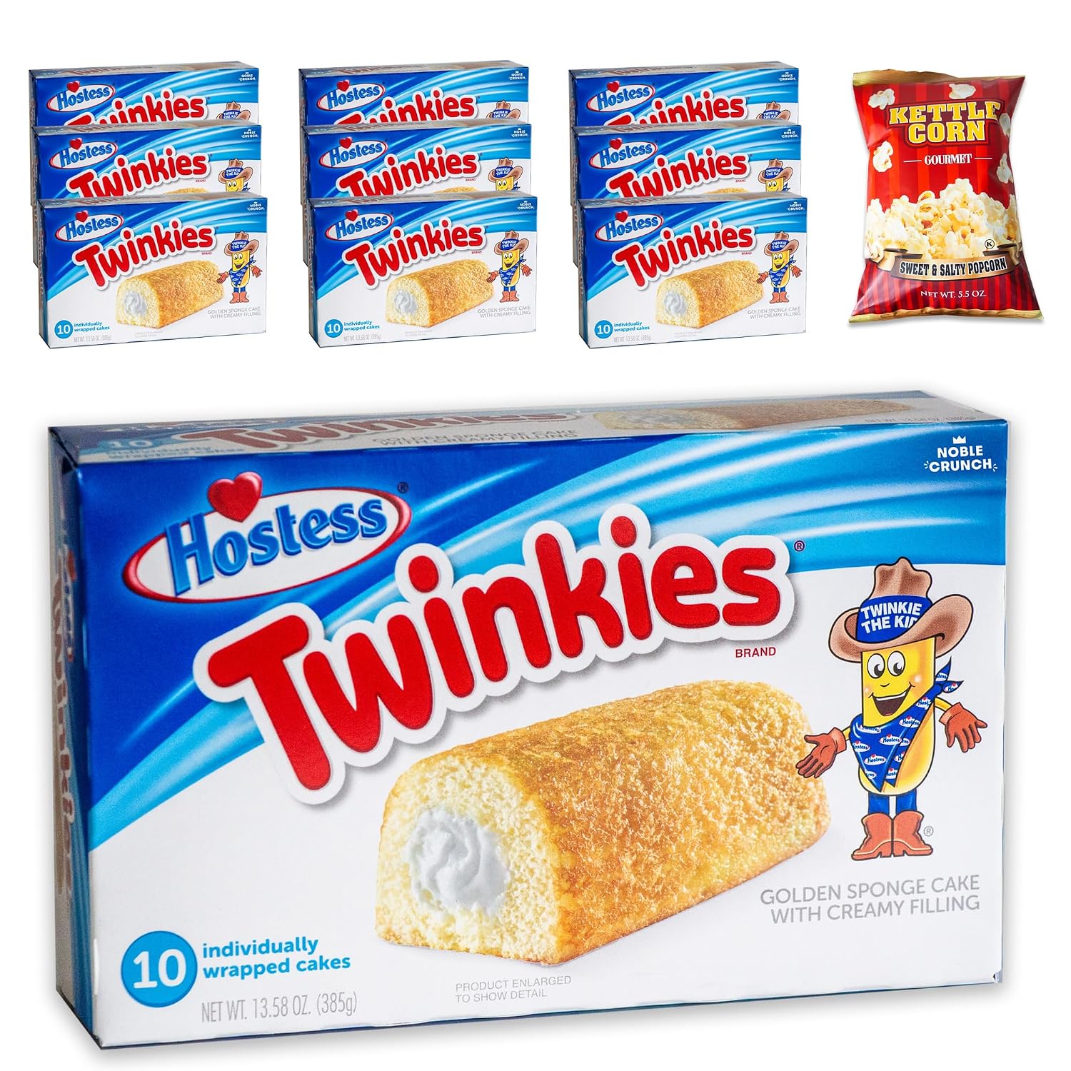 Twinkies 10pks - 100 twinkines - Gourmet Sweet and Salty Kettle Popcorn 1, 5.5oz bag - Delicious Snack Bundle - 11 Items Total
